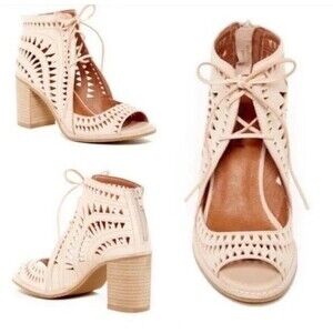 Jeffrey Campbell Cordillo Natural Tan Leather Laser Cut Block Heels Size 8.5